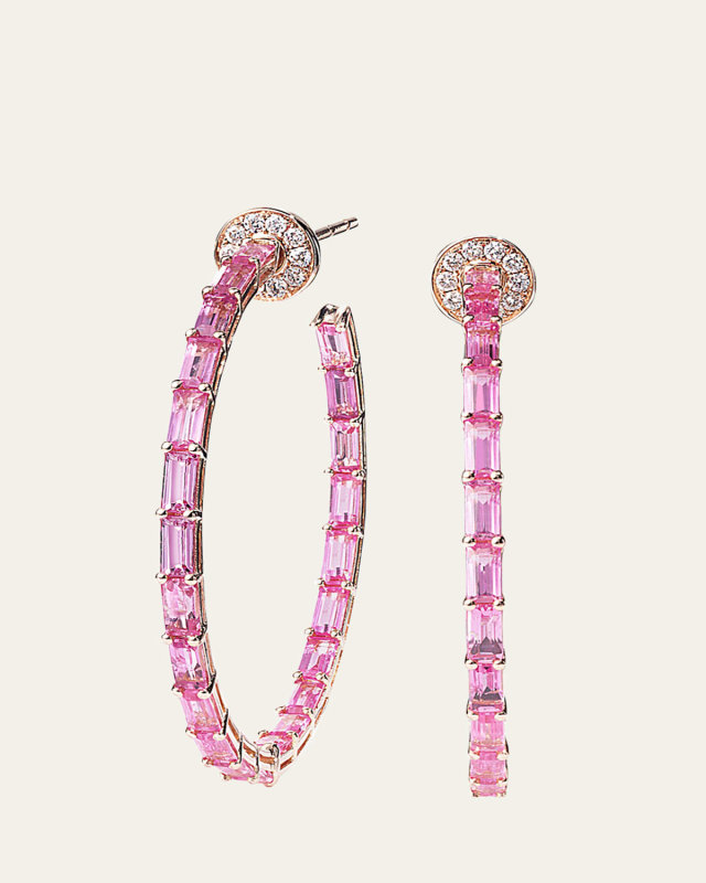18K Rose Gold Baguette Pink Sapphire and Diamond Hoop Earrings